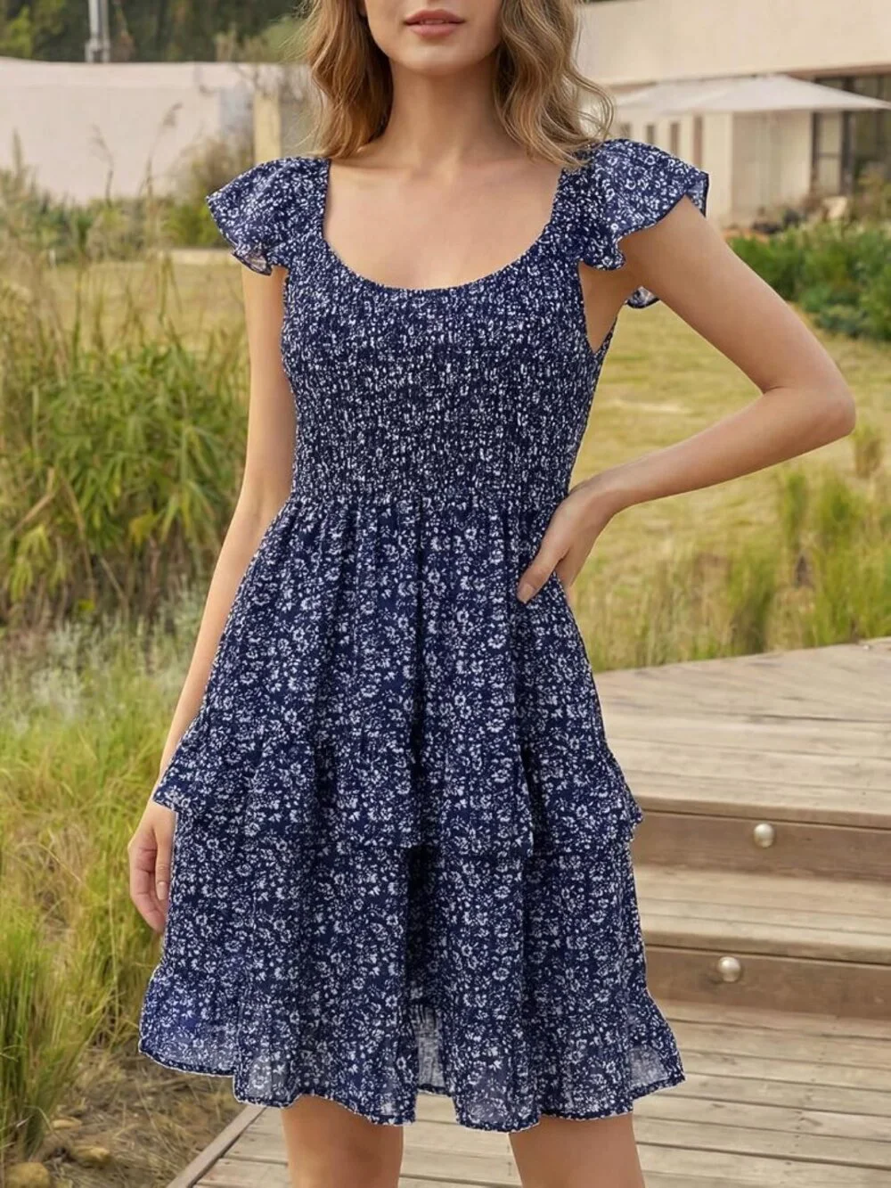 Women's Summer Dress Boho Navy-1 Smocked Ruffle Sun Beach Mini Swing Dress